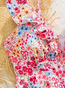 Swim Mod 2 Pieces Beach Summer Vacation Outfits For Women: V-Neck Ditsy Floral Ruffle Trim Swimwear Top And High Waist Tankini Bottom - Multicolor - View 5