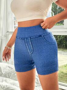 Flirla Pantalones cortos tipo legging de talla grande con efecto estampado de denim para mujer