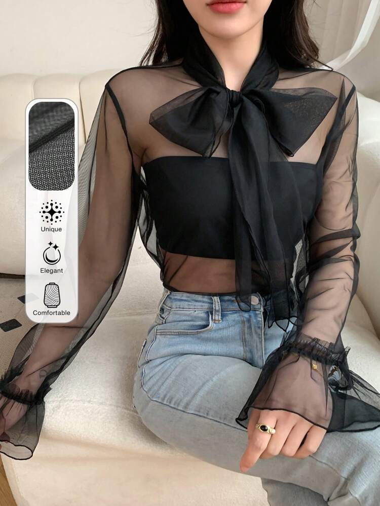 Women's Sheer Mesh Blouse With Front Tie-Up Going Out Tops,Ruffle Long Sleeve Top