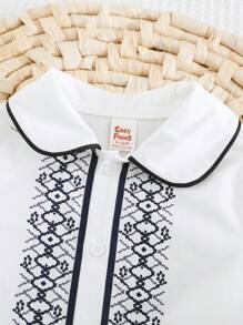 Cozy Pixies 2 件装女婴撞色丝带装饰彼得潘领衬衫和松紧腰短裤套装