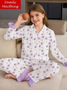 SHEIN Tween Girl Tulip Print 2 Pieces Lounge Set With Long Sleeve Top And Pants, Minimalist Design, Purple