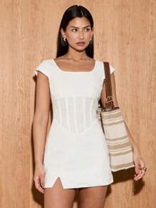 AiiRZ Square Neck Corset Mini Dress With Front Slit Summer Party Bodycon Short Sleeve Empire Waist Special Occasion Wedding Guest Fitted - White - View 1