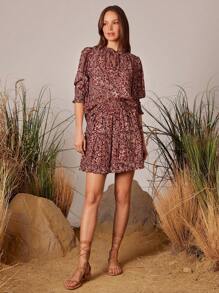 WESTFADE 春季佩斯利印花编织领口蝴蝶结前短款泡泡袖农家衬衫上衣和褶饰腰部荷叶边分层迷你裙女式两件套夏季海滩度假装 - 棕色 - 查看 5