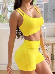 INAWLY Solva Women Solid Color Asymmetric Collar Sleeveless Top & Shorts 2 Pieces Set - Yellow - View 5