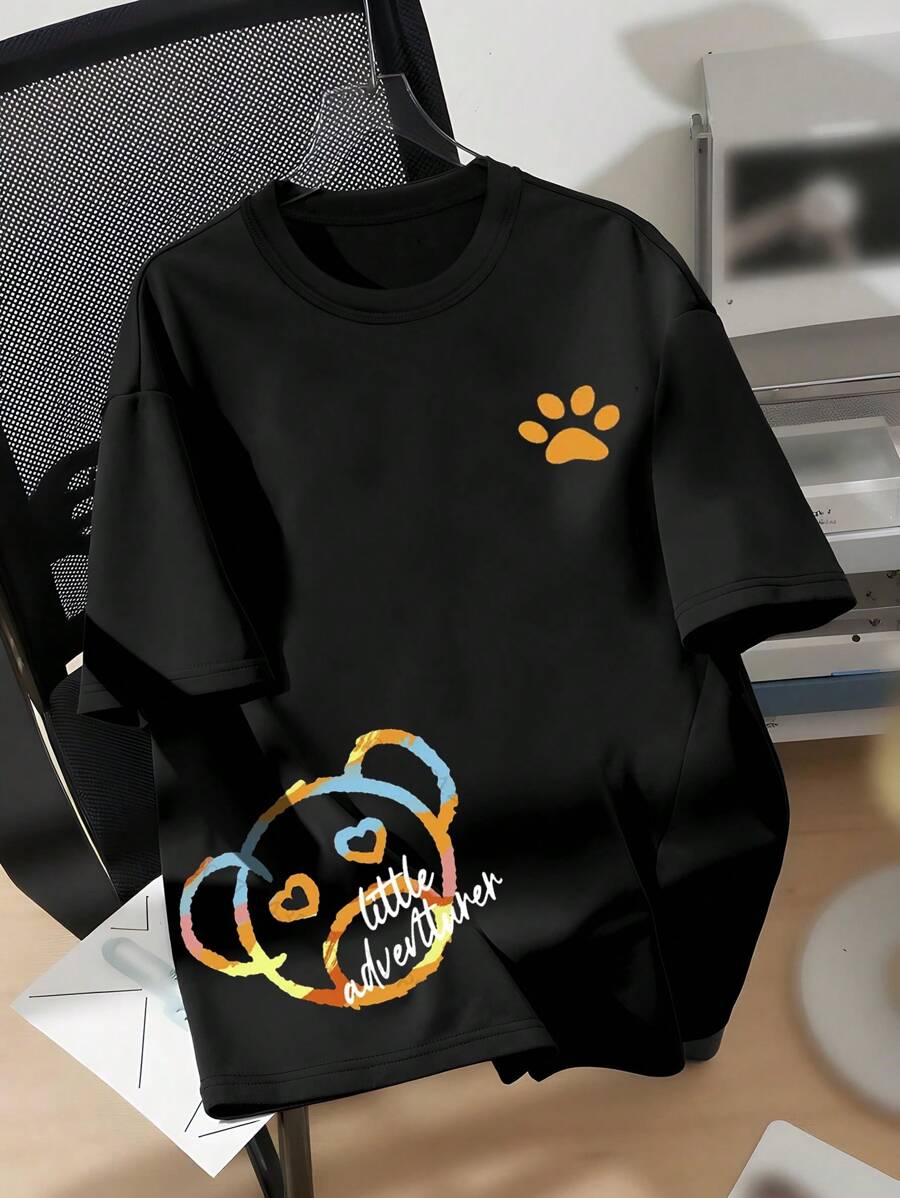 SHEIN PETITE Women's Colorful Ombre Bear Print Comfortable Short Sleeve Oversized T-Shirt, Stylish Black Top For Home