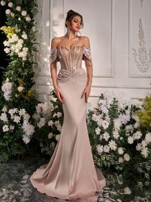 Glamrae Váy đuôi cá xếp nếp bằng vải satin co giãn đính đá Rhinestone sang trọng thanh lịch, thích hợp cho đám cưới, tiệc tùng, kỳ nghỉ, vũ hội, sự kiện trang trọng, váy dự tiệc, váy dự tiệc cưới, váy dạ hội - Màu Khaki - Xem 3