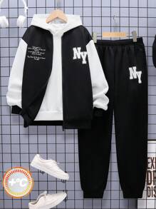 套装 青少年男孩 青少年男孩休闲运动拼布棒球夹克两件套 返校儿童 幼儿男孩衣服 开衫 可搭配长袖衬衫 男童夹克 幼儿男孩牛仔裤 毛衣 男童裤子 T 恤套装 学校服装 适合上下班通勤 日常休闲 大学旅行 适合运动 适合秋冬季节,抓绒,加厚 - 黑與白 - 查看 1