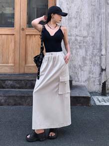 DAZY Women's Solid Color Drawstring Waist Utility Pocket Maxi Casual Skirt Fall Skirts - Grey - View 6