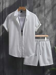 Manfinity Homme Men's Textured Imitation Leather Fabric Casual Short-Sleeved Shorts Two-Piece Suit, Mature And Casual Wear, Boyfriend Gift, Man Gift, Suitable For Friends Summer Outfits For Men Men Shirts - White - View 2