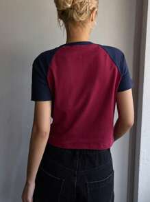 DAZY Camiseta casual de mujer de manga corta, cuello redondo, bloque de color, crop tops de mujer