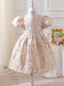 Abito elegante da ragazza con maniche a palloncino jacquard, stile principessa, adatto per uso quotidiano, feste e festival, adatto per estate - Rosa Baby - Visualizzare 1