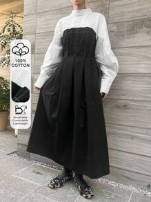 FRIFUL 女士拼接撞色中长连衣裙，秋季长袖连衣裙，及地长裙 - 黑色 - 查看 1