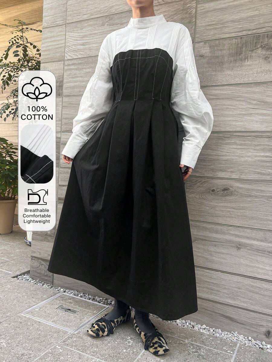 FRIFUL 女士拼接撞色中长连衣裙,秋季长袖连衣裙,及地长裙 - 黑色 - 查看 1