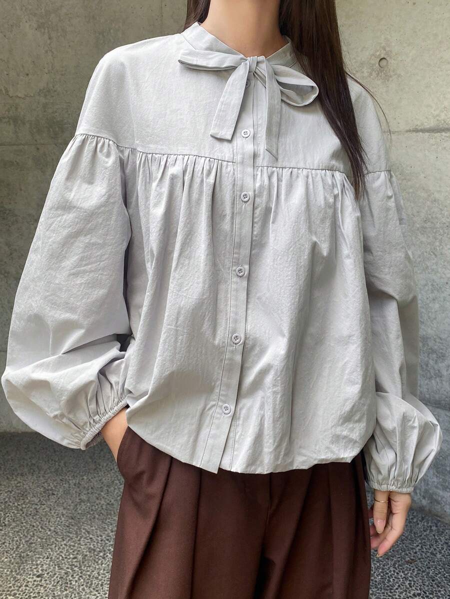 FRIFUL Áo cánh dài tay đơn sắc cài nút phía trước cho nữ - Xám - Xem 1