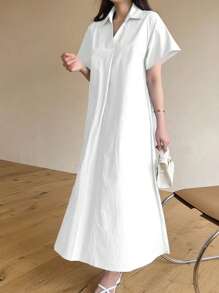 DAZY Đầm suông dài thường ngày cổ chữ V màu trơn có túi xéo Đầm sơ mi suông - trắng - Xem 3