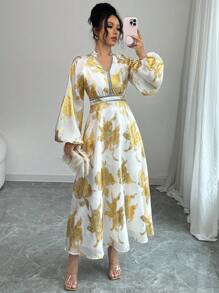 Elenzga 2025 Spring/Summer New Arrival Metallic Chiffon V-Neck Lantern Sleeve Elegant Party Dress, Suitable For Wedding, Date, Party, Banquet, Vacation - White - View 1