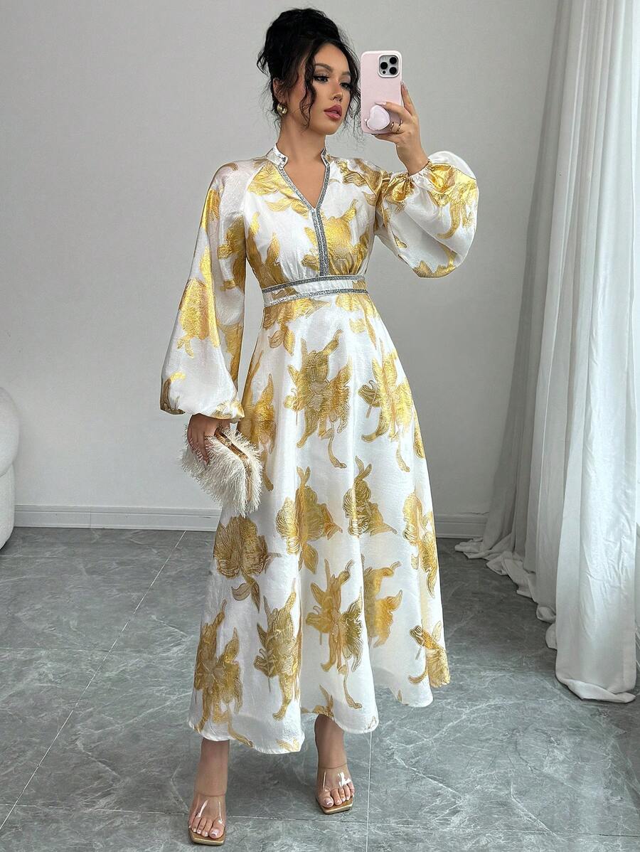 Elenzga 2025 Spring/Summer New Arrival Metallic Chiffon V-Neck Lantern Sleeve Elegant Party Dress, Suitable For Wedding, Date, Party, Banquet, Vacation - White - View 1