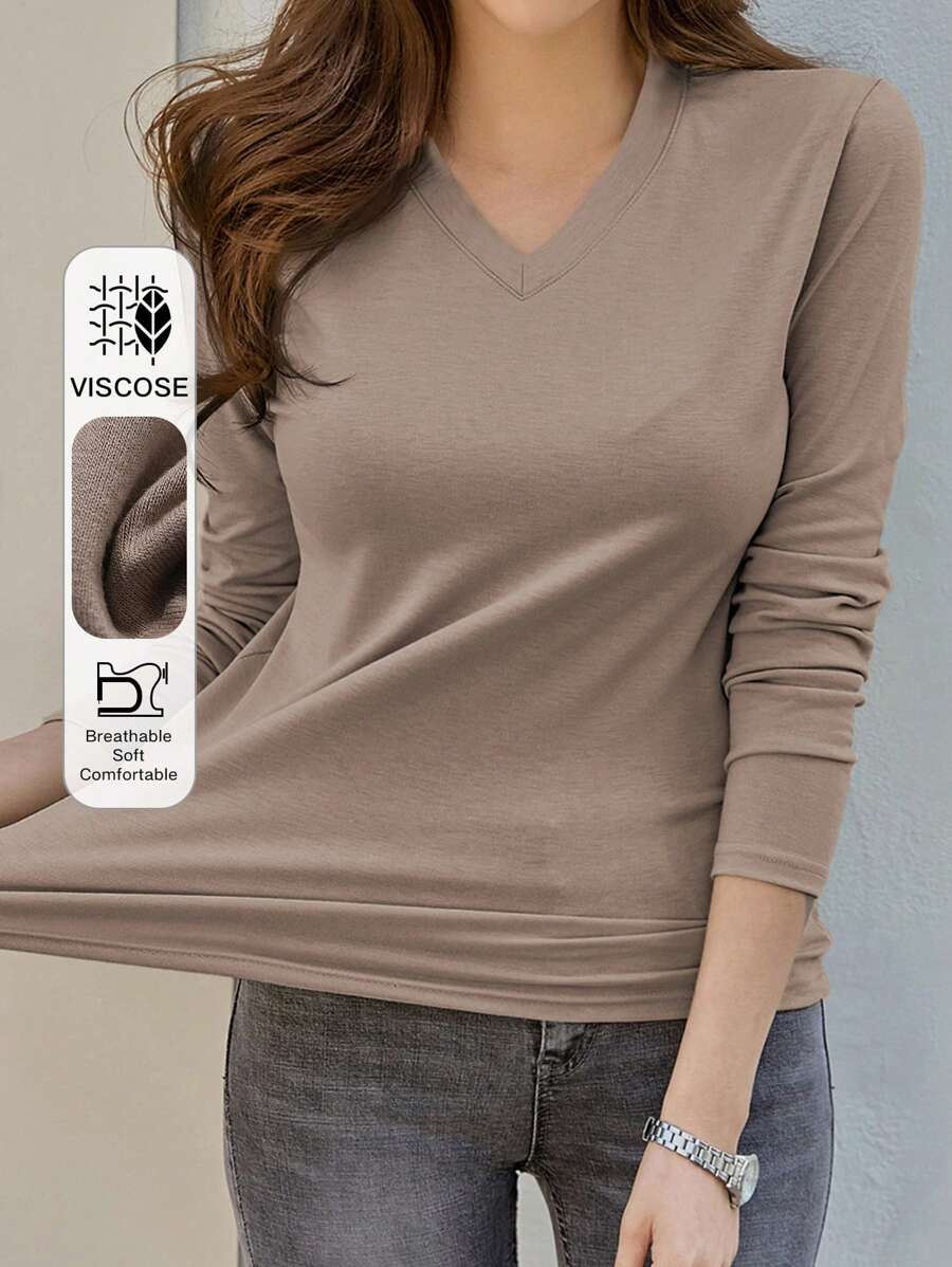 DAZY Solid V Neck Tee,Fall Clothes,Back To School Clothes Long Sleeve Women Tops - Apricot - View 1