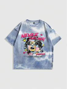 ROMWE MEN Street Life Men's Tie-Dye Character Slogan Print T-Shirt And Shorts Set