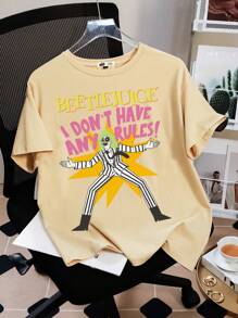 Beetlejuice X SHEIN 女士夏季休闲肖像与字母图案短袖 T 恤