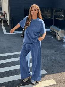 Muchica Plus Size Spring Summer Vintage Acid Wash Relaxed T-Shirt + Wide Leg Pants Loose 2 Pieces Set, Outfit Casual Sets For Women - Blue - View 3