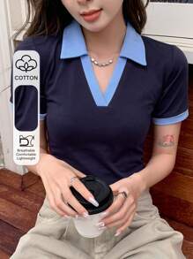 DAZY 撞色饰边罗纹针织 T 恤，商务休闲女装 - 藍色 - 查看 7