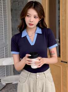 DAZY 撞色饰边罗纹针织 T 恤，商务休闲女装 - 藍色 - 查看 6