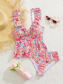 Swim Mod 2 Pieces Beach Summer Vacation Outfits For Women: V-Neck Ditsy Floral Ruffle Trim Swimwear Top And High Waist Tankini Bottom - Multicolor - View 3
