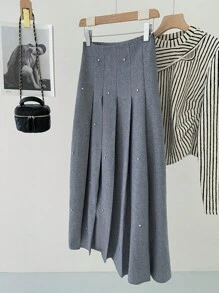 Chiquease Women Casual Solid Color Pleated Skirt With 3D Beading - Grey - View 3