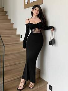 DAZY Women's Lace Patchwork Hollow Out Off Shoulder Long Sleeve Dress For Party/Graduation,Back To School Clothes,Fall Dress - Black - View 6