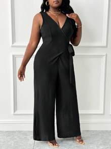 Slaydiva Plus Size Black Knitted Jumpsuit: Elegant V Neck, Sleeveless, Wrap Detail, And Long Length For A Chic Look - Black - View 5