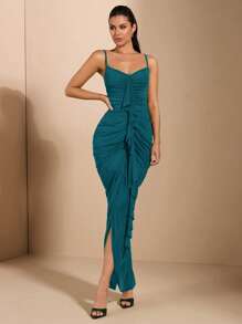 SHEIN BAE 春夏度假海滩紧身胸衣褶皱性感优雅荷叶边装饰女式连衣裙