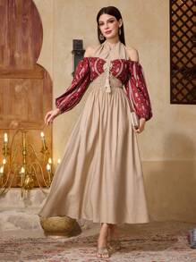 Al Najma 女式拼色印花拼接露肩挂脖阿拉伯连衣裙 - 彩色 - 查看 5