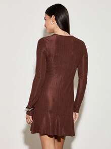 AiiRZ Ribbed Knit Godet Mini Dress Long Sleeve Fall Winter Bodycon A-Line Flare Bottom Party Club Night Out Special Occasion Statement Fashion - Brown - View 2