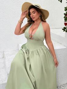SHEIN LUNE Plus Size Cinched Waist Green V-Neck Vacation Dress - Green - View 2