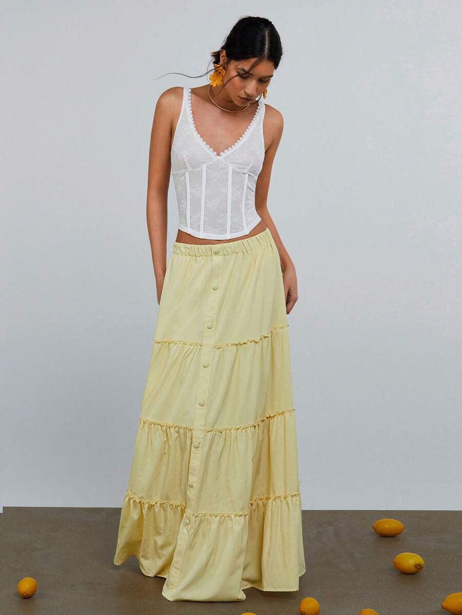 Athîral Women Butter Yellow Button Detail Boho Style Maxi Skirt, Easter - Yellow - View 1