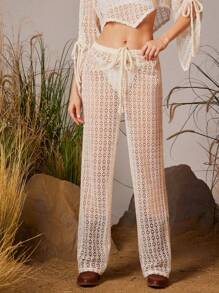 WESTFADE Pantalones transparentes con cintura de cordón en efecto crochet