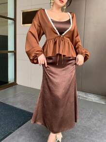 DAZY 2pcs/Set Women Contrast Lace Trim Splice Chiffon Cami Dress & Ruffle Hem Fish Tail Skirt Suits - Brown - View 7