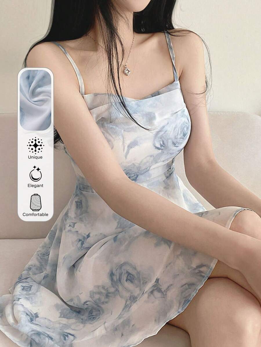 DAZY 女士印花镂空交叉露背吊带连衣裙 夏季邮轮女装 吊带裙 度假装 - 淺藍色 - 查看 1