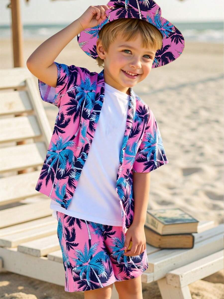 3 件套男童休闲夏季度假风格短袖纽扣衬衫、百慕大短裤和帽子套装 - 粉色 - 查看 1