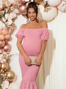 Loomaby Solid Color Off-Shoulder Mermaid Hem Maternity Dress, Elegant For Summer Pregnancy,Maternity Dress Baby Shower