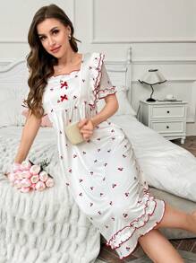 可爱樱桃印花拼布荷叶边下摆女式睡裙 - 白色 - 查看 3