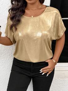 SHEIN Frenchy Women's Plus Size Gold T-Shirt With Floral Back Neck Design, Front Round Neck Vacation Chic Plus Size Tee, Short Sleeve, Spring/Summer New Plus Size T-Shirt - Gold - View 4