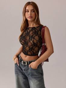 SHEIN SXY Black Top;Fall Women Clothes;Lace Top;Black Mesh See-Through Lace Jacquard Women's Sexy Party Tank Top