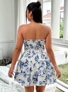 Sunnyshic Vestido tipo tarta con estampado floral sin tirantes y elástico de doble capa para mujeres de talla grande, color azul