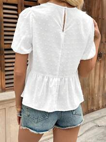 Chiquease Women's Bowknot Puff Sleeve Ruffled Hem Embroidered Blouse - White - View 2