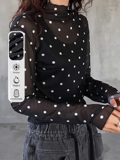 FRIFUL Blusa de mujer de gasa con lunares, top de mujer de manga larga transparente de uso diario casual minimalista, ropa de mujer para otoño