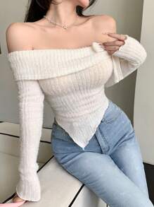 DAZY Camiseta ajustada de manga larga y hombros descubiertos con textura suave, ropa de otoño con tops lindos - Blanco - Ver 2