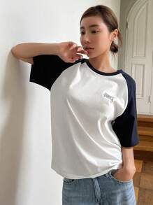 DAZY Women's Summer Round Neck Contrast Color Raglan Sleeve Letter Print Casual Street Style Short Sleeve T-Shirt - Blue and White - View 7