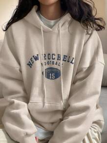 DAZY Letter Graphic Drop Shoulder Drawstring Hoodie,Long Sleeve Tops,Fall Women Clothes Sweatshirt - Apricot - View 4